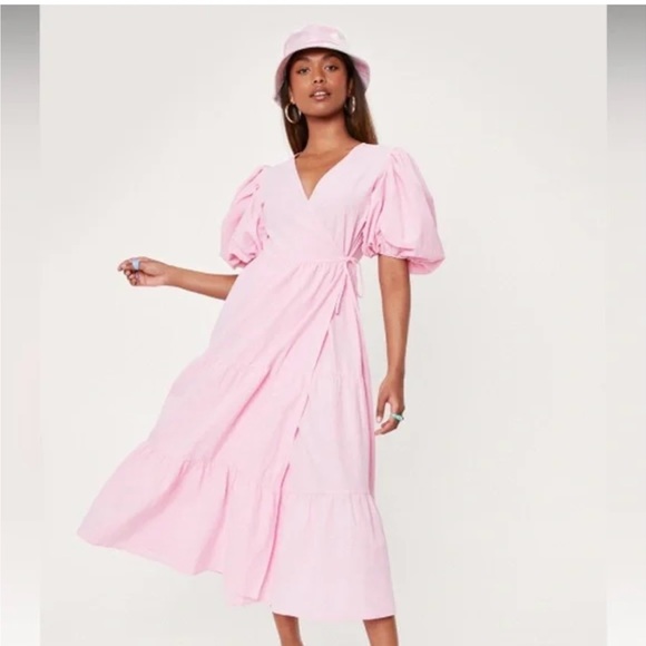 Pink puff sleeve tiered midi wrap dress - Picture 8 of 8